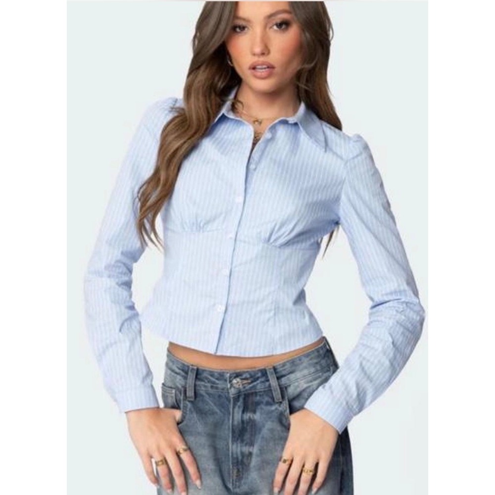 Edikted Blue White Striped Cinched Waist Cropped Button Down Shirt Small